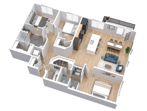 Floor plan for 3 beds, 2 baths, 1349 sqft
